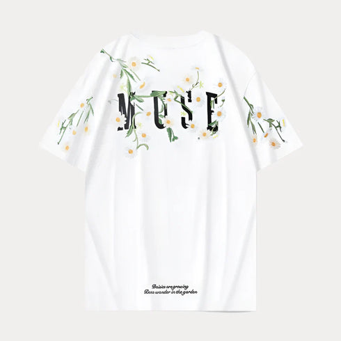 Daisy Embroidered Tee with floral design on white cotton fabric, O-neck, short sleeves.